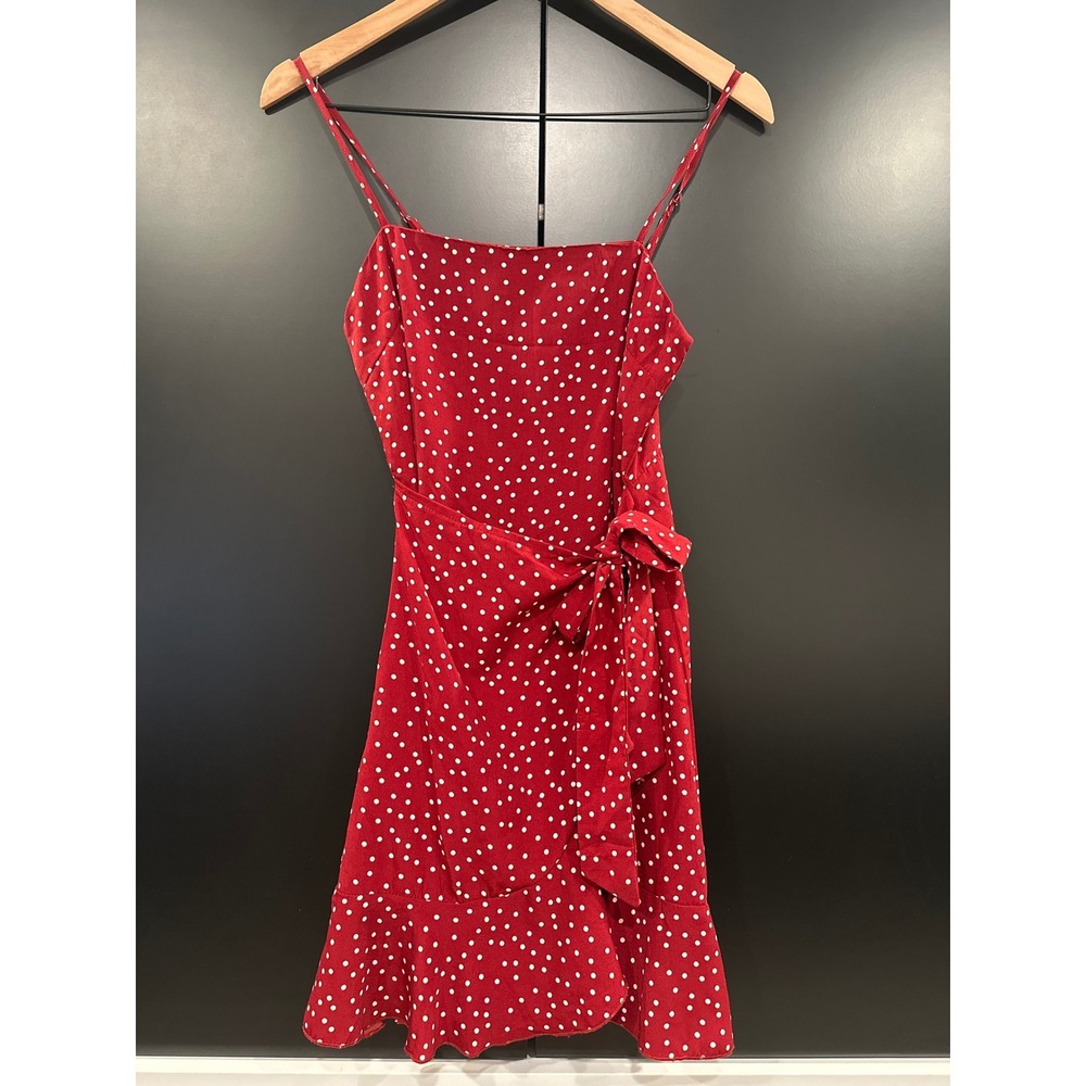 Princess Polly Red Polka Dot Mini Dress Wrap Ruffle Hem Size 4 - Picture 1 of 3